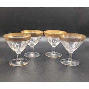 Tiffin Franciscan Low Sherbet Glass Optic Rambler Rose Crystal Gold Rim Set of 4